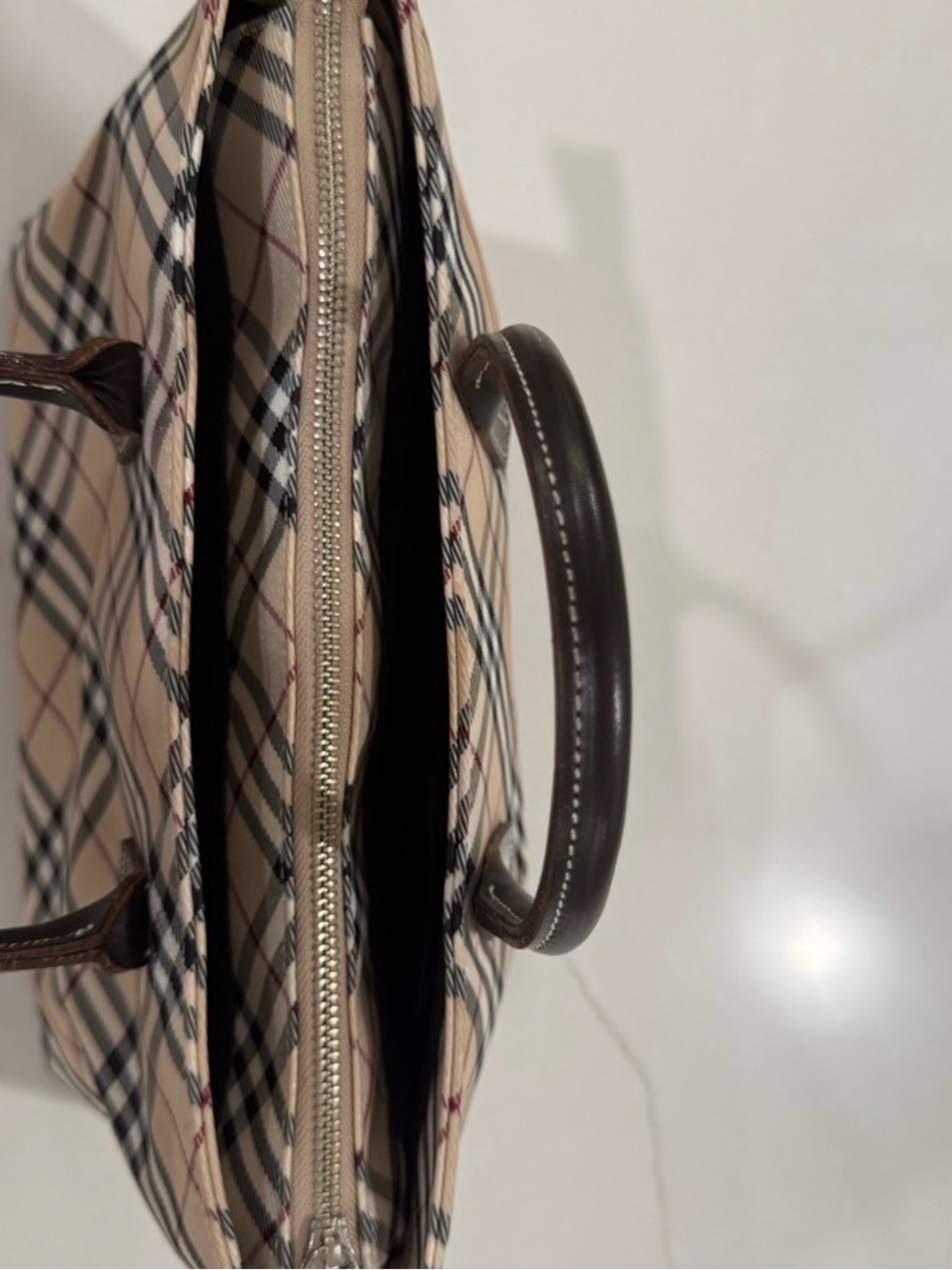 Burberry Beige Check Tote with Dark Brown Leather Handles - Picture 8 of 15